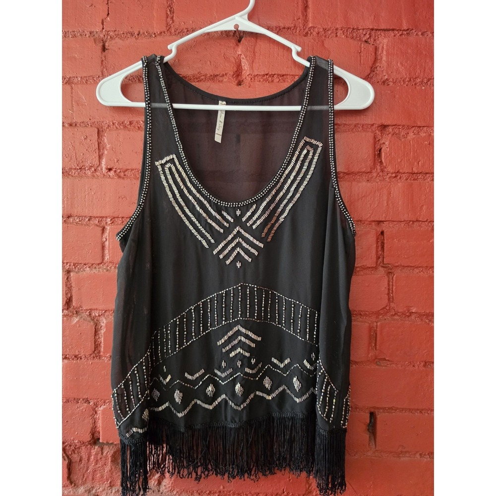 Willow & Clay M Black Beaded Fringe Tank Top Sheer Boho Festival Art Deco Y2K